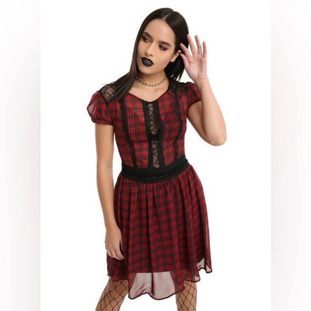 Tripp Red Plaid Black Lace Party Dress
